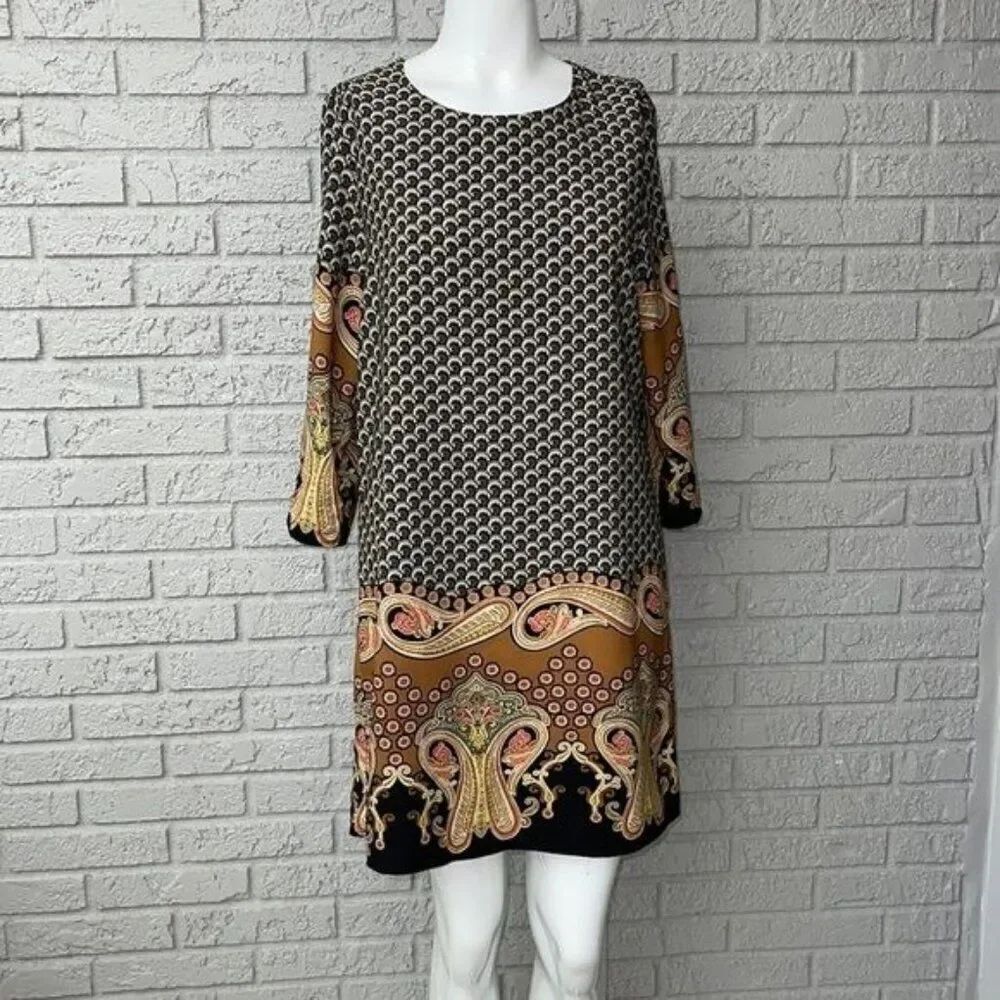 Freeway Women 3/4 Sleeve Paisley Border Print Shift Dress Size M